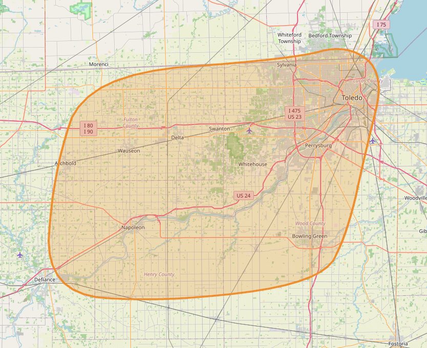 Map of Mastin Septic and Well Service's coverage area across Northwest Ohio, centered on Whitehouse and reaching from Defiance and Archbold east to Toledo and Perrysburg, north to Sylvania, and south past Bowling Green.
